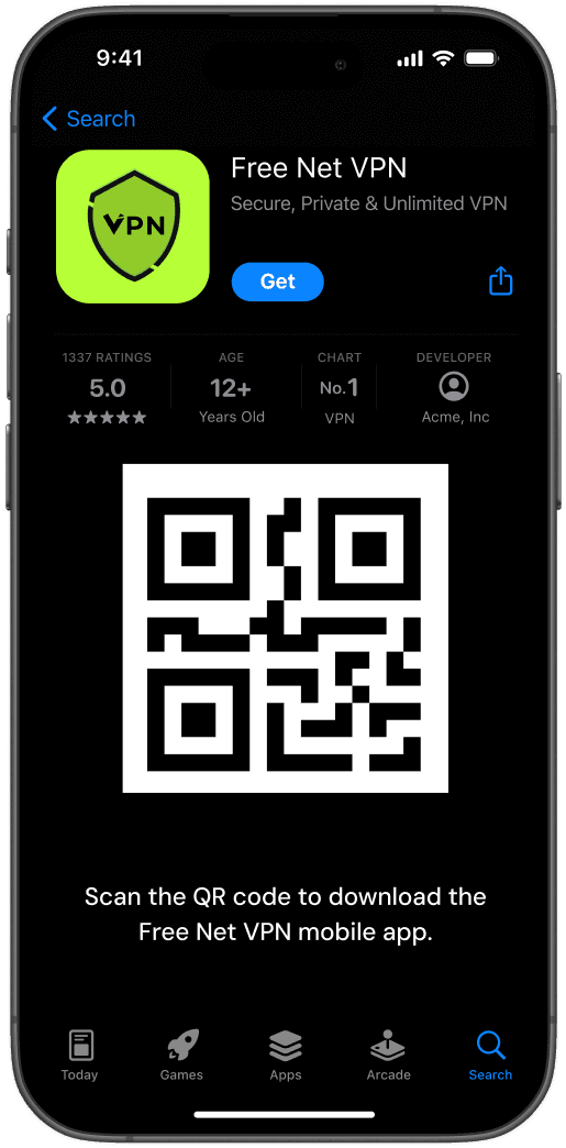 FreeNet VPN listing in the app store